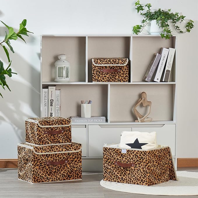 Storage Bin with Lid Leopard Print Cute Velvet Fabric Storage Basket Box Faux Leather Handles PP Plastic Board Foldable Washable Lidded Closet Shelf Organizer Container (Large Size)