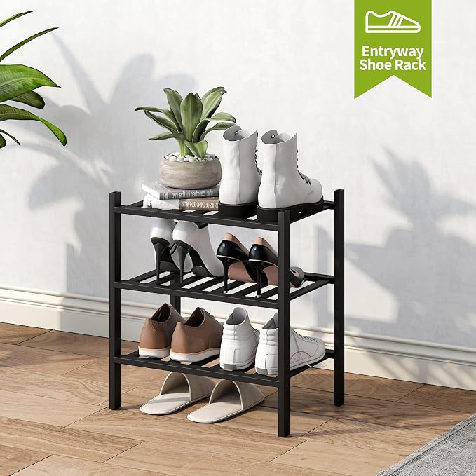 BMOSU 3-Tier Bamboo Small Shoe Rack Premium Stackable Shoe Shelf Storage Organizer for Hallway Closet Living Room Entryway Organizer (Black Bamboo)