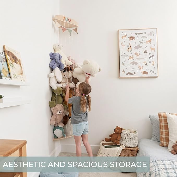 Stuffed Animal Storage Zoo with Decorative Muslin Garland - Cute Wooden Toy Storage Organizer for Kids Playroom or Nursery - Clever and Easy to Assemble Corner Wall Holder Maximizes Small Spaces