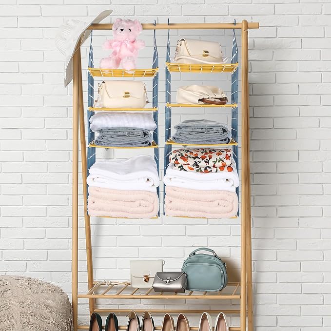 Leinuosen 7 Tier Closets Organizers and Storage Closet Hanging Organizer Shelves with 4 Hanging Hooks for Clothing Sweaters Shoes Pants Coat Hats Handbags Clutches Accessories