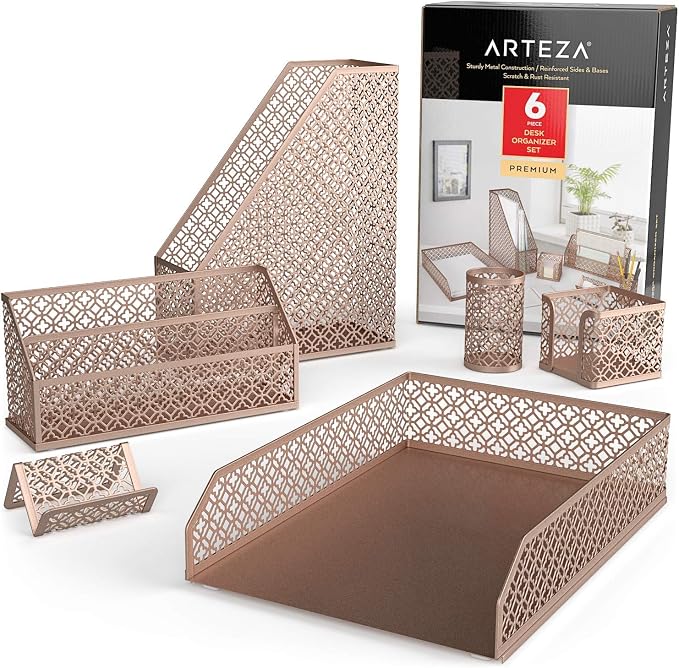 ARTEZA Desk Organizer Set, 6-Piece Rose Gold, Includes Pencil Cup, Letter Sorter, Tray, Magazine Holder, Name Card & Sticky Note Holder