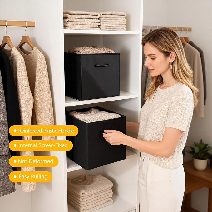 WUIKE 11-Inch Black Cube Storage Bins, Leather Front, 4-Pack | Cubby Organizer Baskets with Handles for Shelves, Closets, Clothes, Toys, Towels, and Blankets