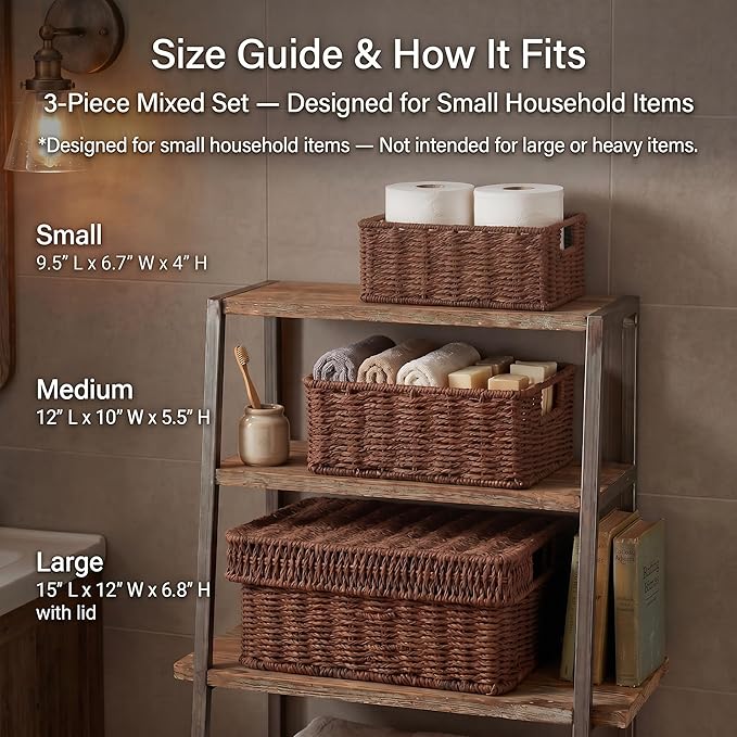 Wicker Storage Basket with Lid - Woven Basket for Storage,Rectangular Decorative Boxes Bins with Lids for Shelves,living room, Nursery, 3 baskets+1 lids(Dark Brown)