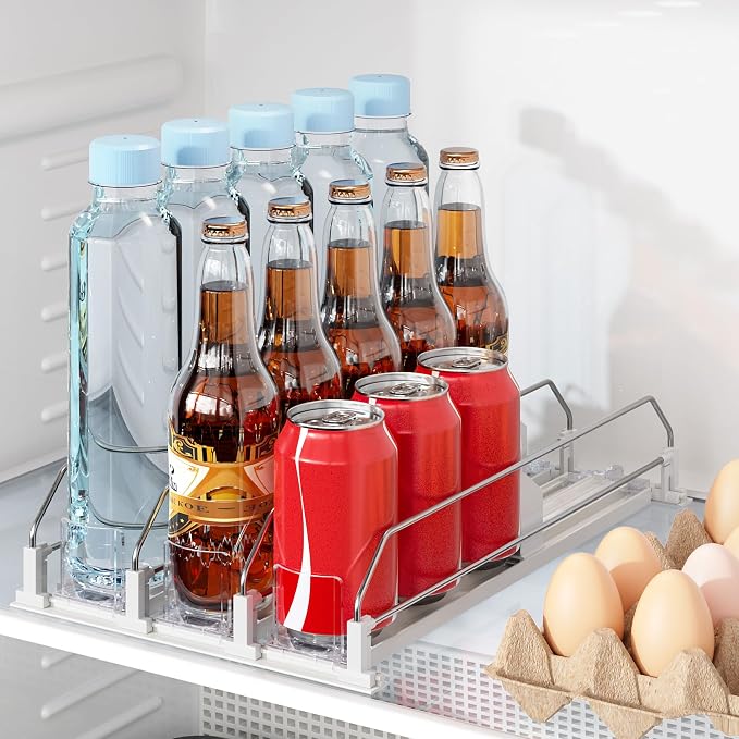 Drink Organizer for Fridge, Automatic Drink Dispenser for Fridge, 12-20oz Soda Can Dispenser for Refrigerator, Soda Can Organizer for Pantry Holds up to 15 Cans, 3 Row