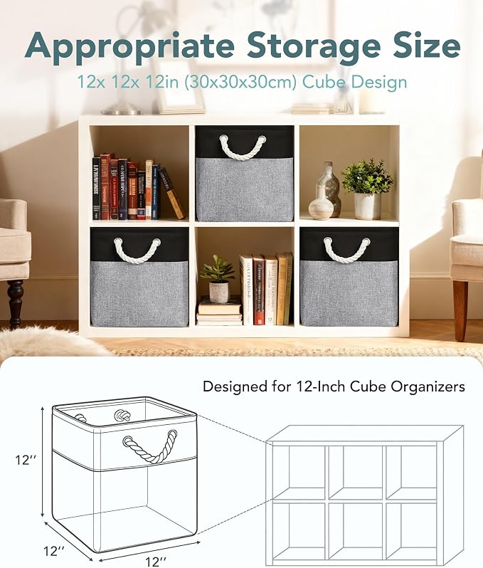12x12 Storage Cube Bins, 6 Pack Reinforced Bottom Cardboard Foldable Box, Organizer for Closet Shelves, Heavy Home Storage Baskets (Black Gray)