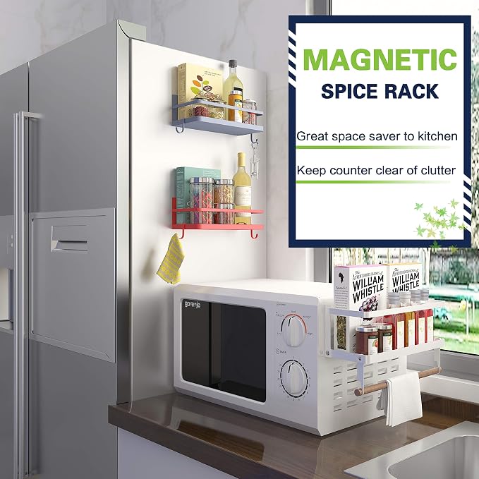 Magnetic Spice Rack, Strong Magnetic Shelf with 2 Removable Hooks, Perfect Space Saver for Small Kitchen/Apartment, Awesome Metal Cabinet for Holding Spices, Jars, Bottle, Beve(Grey, 2Pack)