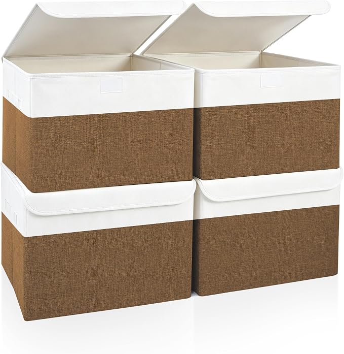 Bagnizer Large 22 Quart Linen Fabric Foldable Storage Bin Cube Organizer Basket with Flip-Top Lid & Handles, Clothes Blanket Box for Home, Office, Closet, Brown & White, 4 Pack 14.6 x 9.5 x 9.5
