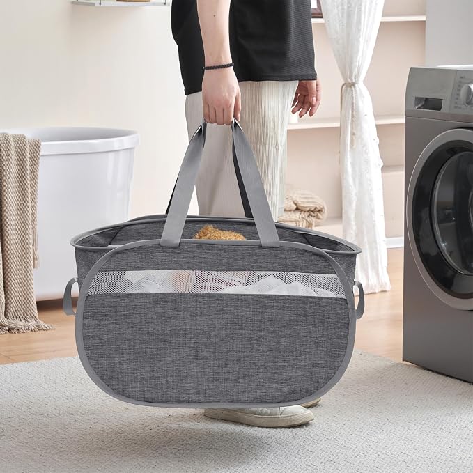Collapsible Laundry Baskets, Foldable Tear Proof Pop Up Hamper with Reinforced Carry Handles, Durable Laundry Hamper for Home, Laundry, Bathroom, Dorm or Travel (Grey)