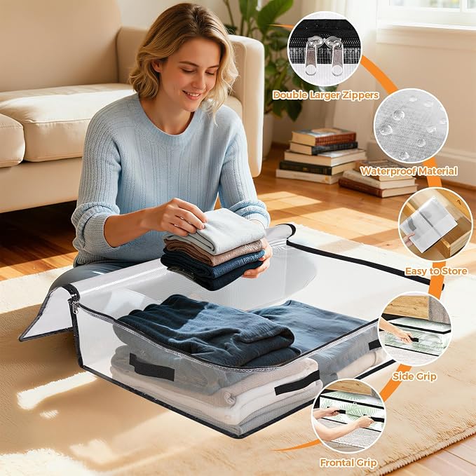 4 Pack Under Bed Storage Bags, 60L Foldable Clear Storage Containers with Handles, Dual Zippers for Comforter, Clothes, Bedding, Linen Sheets, Sweaters, Blanket Storage