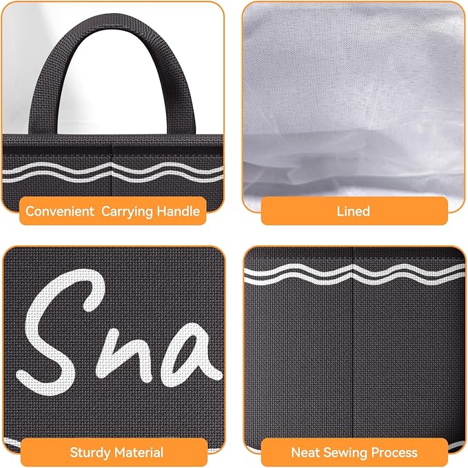 Snack Basket for Pantry & 5 Seal Clips - Snack Bin Organizer for Countertop - Imitation Linen Snack Storage Containers for Storing Chips, Pretzels, Cookies, Popcorn and more (1, Black)