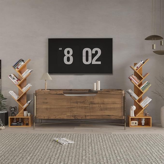 YMYNY 6 Tier Tree Bookshelf, Tall Bookcase, Wood Book Storage Rack with Drawer, Modern Floor Standing Book Shelf for Books/Movies/CDs, Utility Organizer for Living Room, Home Office, Natural UHBC016N