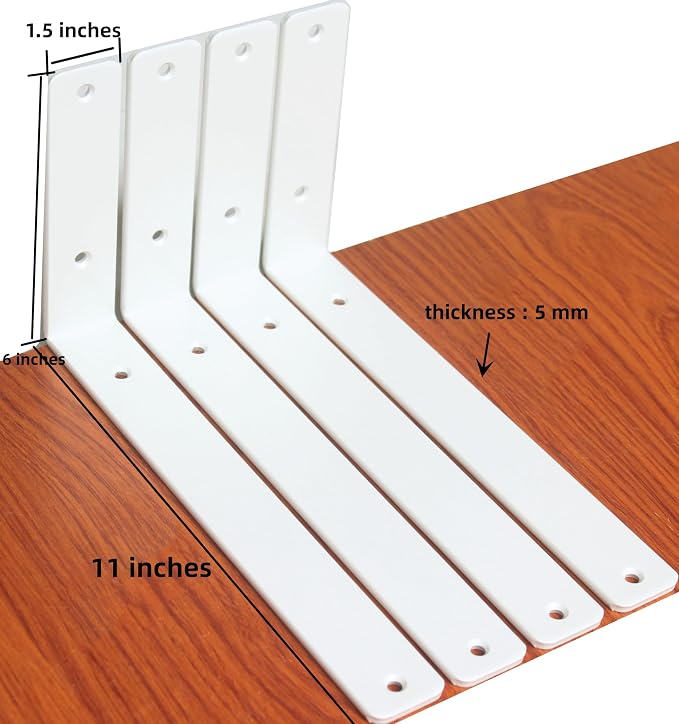 4 Pack - L 11" x H 6" x W1.5, 5mm Thick White L Shelf Bracket, Iron Shelf Brackets, Metal Shelf Brackets, Floating Shelf, Shelf Supports with Screws