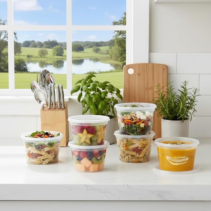 BluShine Deli Containers with Lids, Plastic Food Storage Containers | 16 oz, 32 sets Plastic Deli Food Storage Containers with Airtight Leak Proof Lids, Reusable, Microwave and Freezer Safe