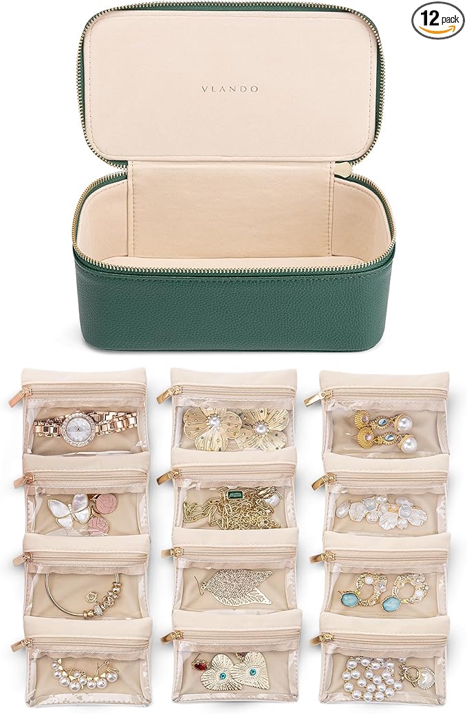 VLANDO Gifts for Teachers,Jewelry Case with 12 Velvet Jewelry Bags Travel Jewelry Organzier for Travelers Necklace Rings Earrings Jewelry Bags Birthday Wedding Gifts (Green)