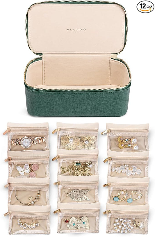 VLANDO Gifts for Teachers,Jewelry Case with 12 Velvet Jewelry Bags Travel Jewelry Organzier for Travelers Necklace Rings Earrings Jewelry Bags Birthday Wedding Gifts (Green)
