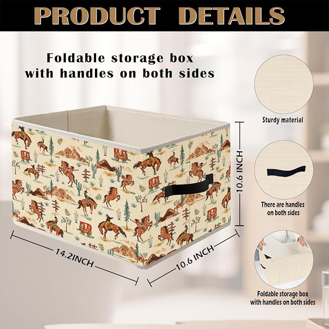 Boho Western Cowboy Storage Bin Box with Handles, Neutral Beige Desert Cactus Horse Foldable Organizer Basket Toybox for Home Kids Bedroom Bathroom Clothes Toys Books
