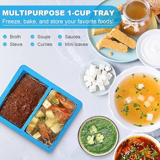 Walfos Extra-Large Silicone Freezing Tray with Lid, 1-Cup Freezer Tray for Soup, Silicone Freezer Container For Storing and Freezing, Broth, Sauce and Ice, 2 Pack