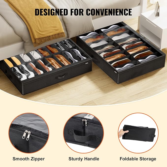 VEVOR Under Bed Shoe Storage Organizer, Set of 2, Total 32 Compartments, Underbed Shoes Closet Storage Solution with Clear Window, Breathable, Foldable Fabric Container Box with Reinforced Handles