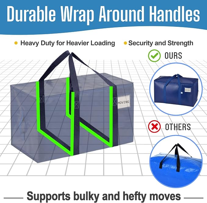 VENO 6 Pack Heavy Duty Moving Bags, 90L Extra Large Moving Boxes Alternative, 50lbs Load,Wraparound Handles,Zippers & Tag,Packing Supplies for College Dorm Essentials, Clothes Storage(Blue)