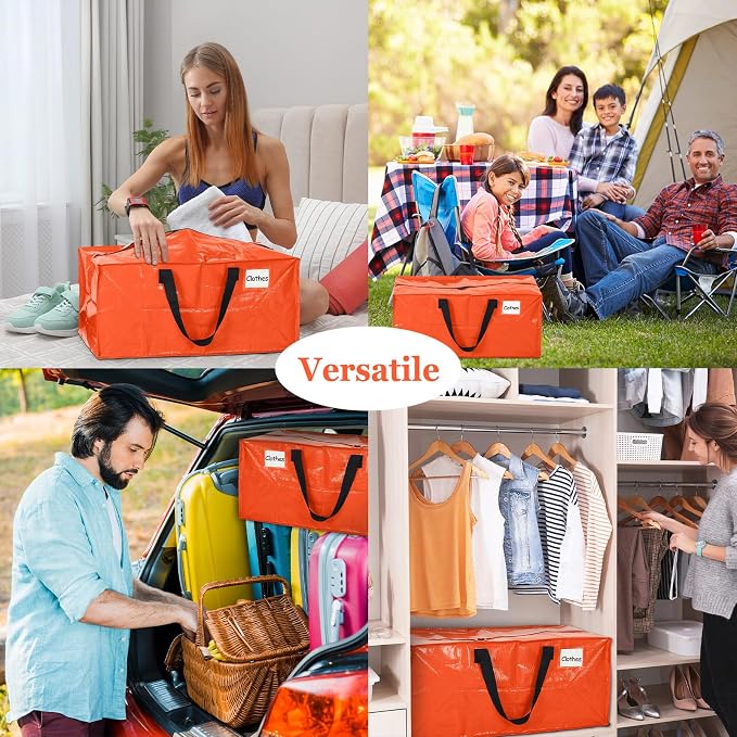 4 Pcs 24 Gallon Extra Large Moving Bags Heavy Duty Storage Bag with Strong Zipper Handle Foldable XXL Jumbo Storage Tote Packing Moving Box for College Dorm Travel Cloth Duffle (Orange)