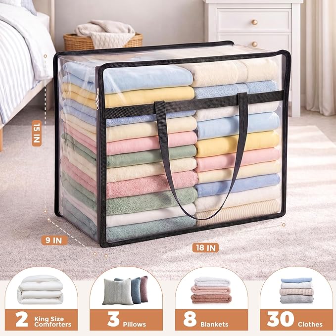 Budding Joy Clear Zippered Storage Bags for Clothes,40L Closet Organizers and Storage Containers Vinyl Moving Bag for Bedding, Linen, Blankets, Comforters, Clothing & Toys, Black, 4 Pack