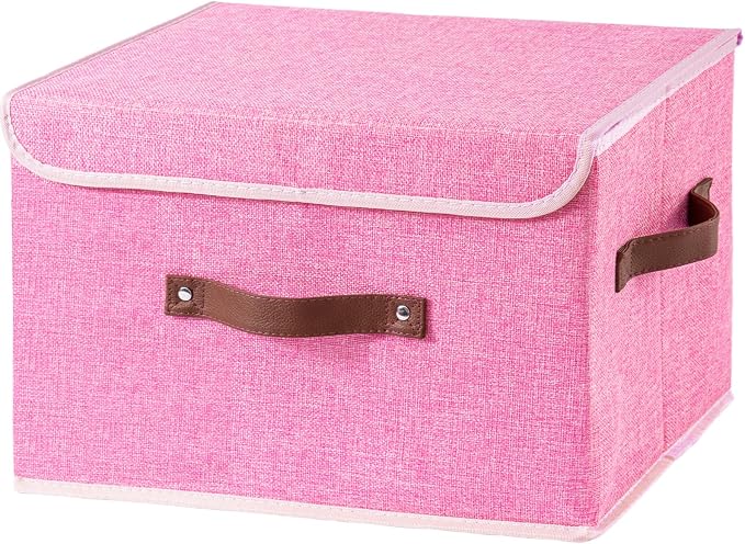 Collapsible Storage Boxes Baskets with Lid Cotton Linen Fabric Storage Bins with Faux Leather Handles Decorative Washable Cube Organizer Container for Home Closet Bedroom (Pink, Large Size)