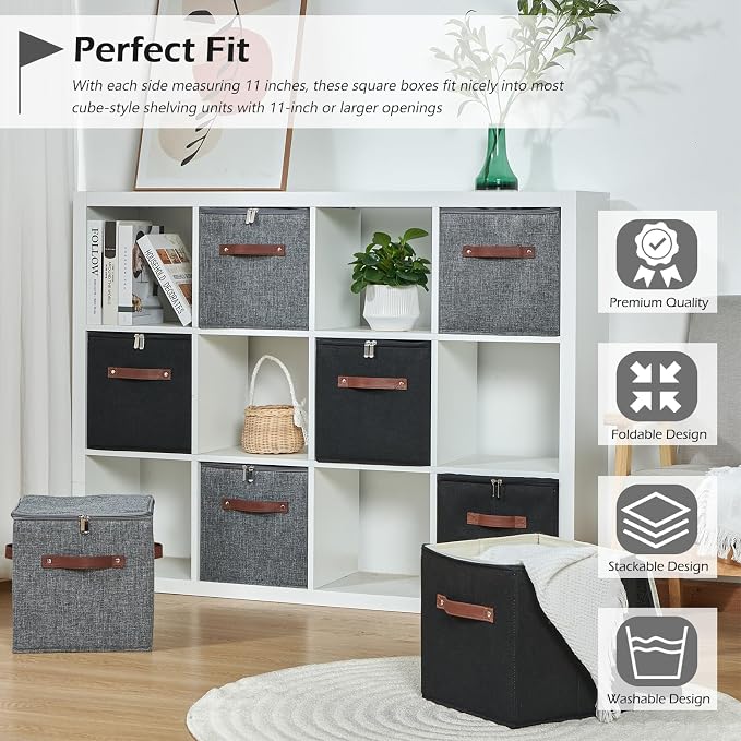 4PCS Storage Cubes with Lid Fabric Storage Bins Boxes PU Leather Handles Cotton Linen Closet Organizer Container Decorative Foldable Washable Shelf Cloth Basket (Zipper Lid, Gray, 11in)