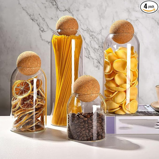 4 Pack Lead-free glass bottle sealed jar with spherical cork , nut storage coffee bean Mason Jars Food Storage Canister for Serving Spice Sugar Salt Tea Coffee