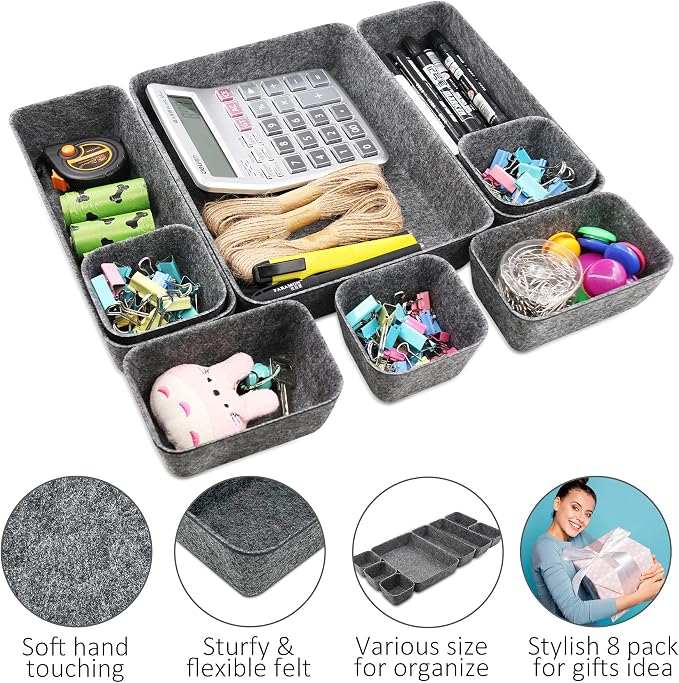 Newthinking Desk Drawer Organiser Trays, 8 Pack Square Organizer Box Stackable Dividers, Save Desk Space Dividers Box for Home Office Cosmetics Storage Boxes (Dark Gray)