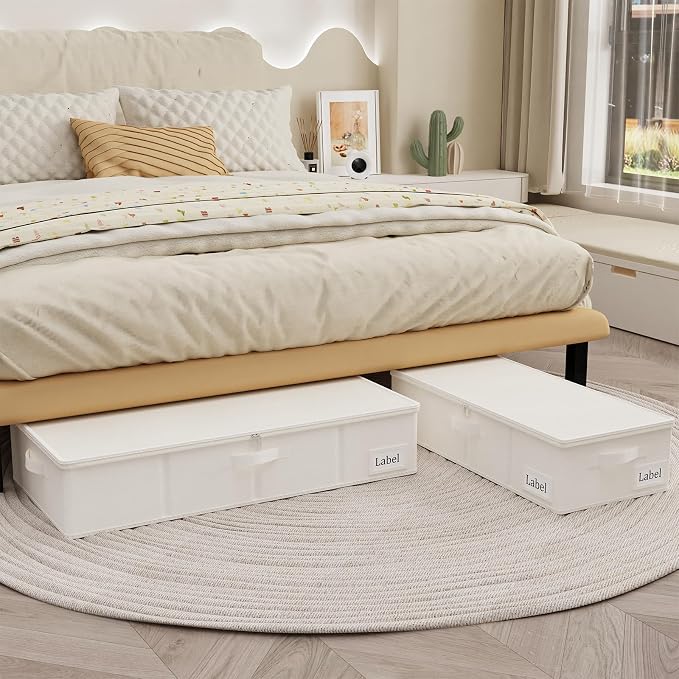 Yawinhe Underbed Bags, Storage Containers Bags with Lid, Foldable Blanket Bins, with Sturdy Zipper und Label Holders, for Clothing, 23.6''Lx11.8''Wx6''H, 1Pack,Beige，SNH002BES-1