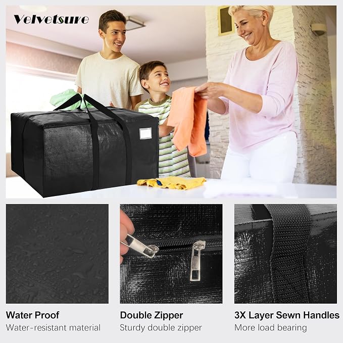 VELVETSURE 12 Pack Heavy Duty Extra Large Moving Bags W/Backpack Straps - Strong Handles & Zippers, Storage Totes For Space Saving, Fold Flat, Alternative to Moving Box and Storage Bin, Black
