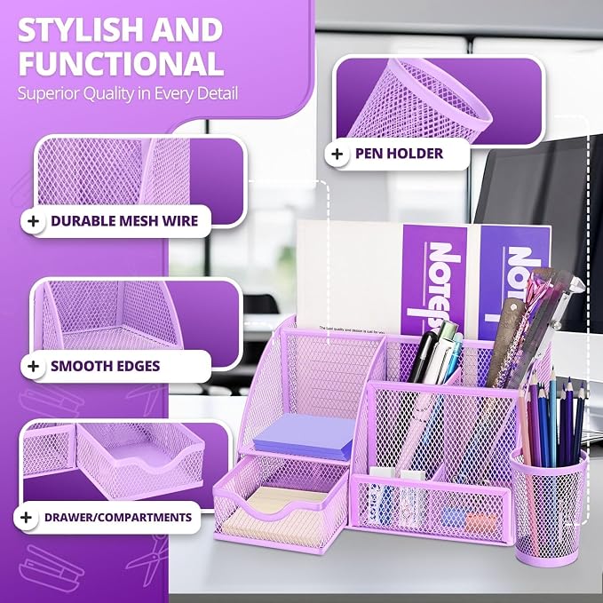 Flexzion Desk Caddy Organizer Set (Purple) - Metal Mesh Desktop Caddy with Drawers, 6 Compartments, and Pencil Holder for Women & Men - Desktop Organizer and Storage for Work or Office Supplies | Compact desktop caddy with separate pen holder; 8.7 x 5....