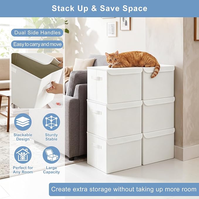 Bagnizer Large 17" 42 Quarts Collapsible Stackable Storage Bins with Lids [3-Pack] Foldable Fabric Linen Storage Boxes Cube, Closet Organizer Baskets with Label (16.7 x 12 x 12, White)