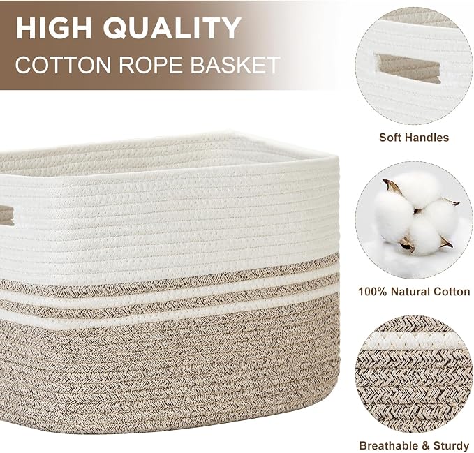 Temary Woven Storage Baskets, Set of 3 Rope Baskets for Storage Clothes, Towels, Versatile Boho Storage Bins (White&Brown, 13"x9.8"x8.5")