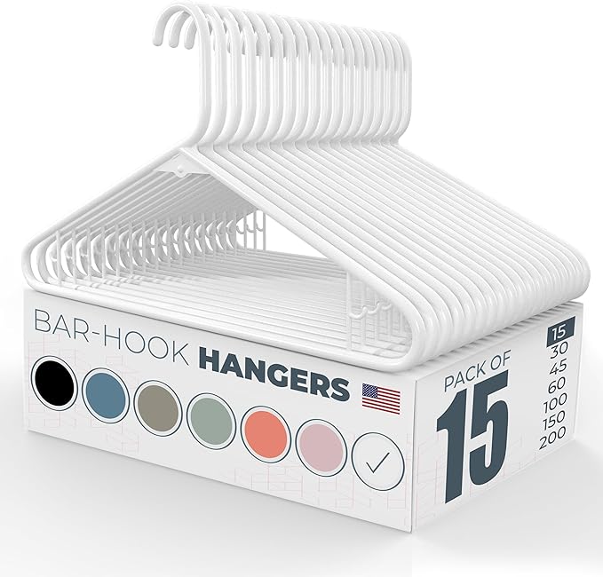 Plastic Hangers 15 Pack – Made in The USA – 6lb Capacity Standard Clothes Hangers with Strap Hooks for Dresses, Lingerie, Shirts, Pants, and Jackets – White