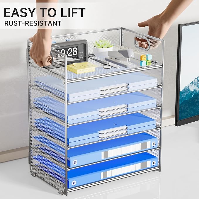 Paper Organizer for Desk with Handle, 6-Tier Silver Metal Mesh File Organizer | Stackable Desktop Organizer for Office Supplies & Home Organization