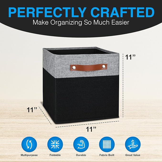 11 Inch Cube Storage Bin - 6 Pack - Linen Fabric 11x11 Cube Storage Bins for Bedroom, Living Room, Clothes and Toys; Foldable, Dual Leather Handles