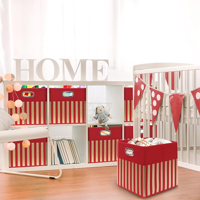 Simple Houseware 13-Inch Collapsible Fabric Cube Storage Bin with Handles, Printed Design, 3 Pack, Red