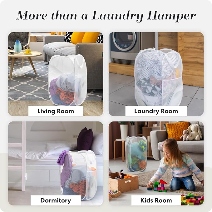 Handy Laundry Collapsible Mesh Pop Up Laundry Hamper 2-Pack, Wide Opening, Side Pocket, Space-Saving Foldable Basket for Clothes, Travel, Dorm, Kids Room, Breathable & Durable (White)