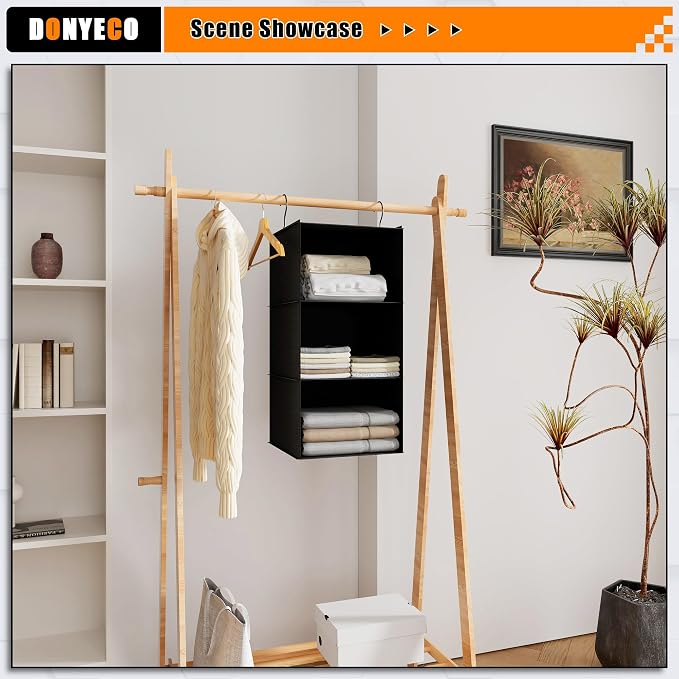 Hanging Closet Organizer 3-Shelf, Oxford Fabric Wardrobe Storage, Black | Easy-mount foldable design holds clothes, handbags, shoes & accessories; washable Oxford fabric, sturdy and space-saving.