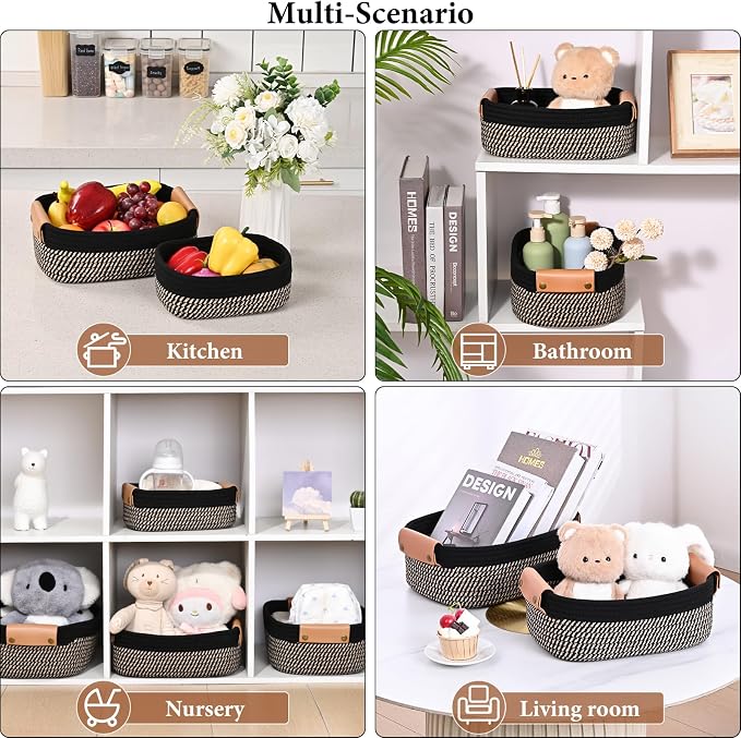 Storage Baskets for Organizing, Small Woven Basket Set of 6-4 Shelf Basket with Leather Handle and 2 Small Gift Baskets, Cotton Rope Basket for Shelves, Nursery, Dog Toy, Bathroom