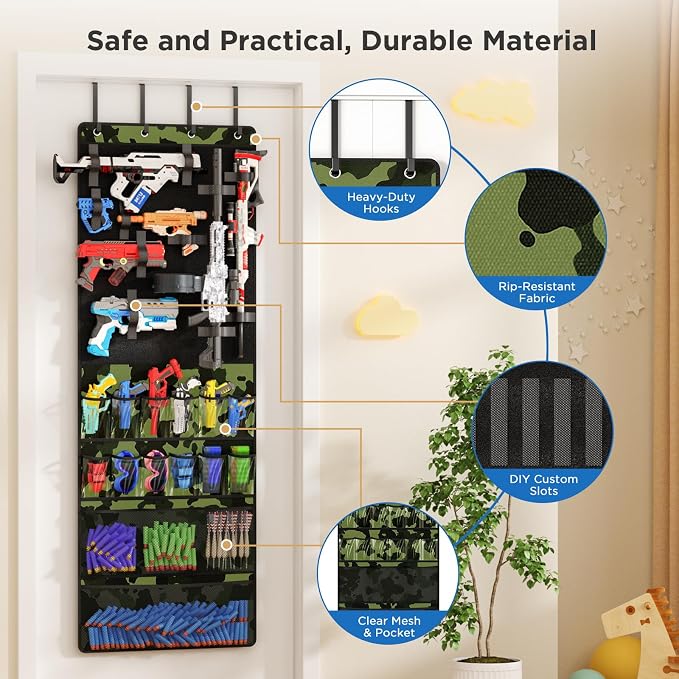 Over the Door Organizer for Toy Guns, Toy Gun Storage Organizer with Pockets and Slots for Kids Foam Blasters, Darts, Goggles, Over Door Toy Storage Hanger for Kids Rooms, Game Rooms, Green