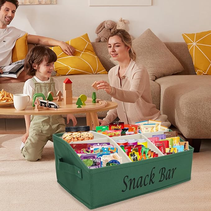 Snack Organizer for Countertop, Fabric Snack Bar Station with Handles, 6 Compartment Container, Kitchen Pantry Storage and Organizer, Green