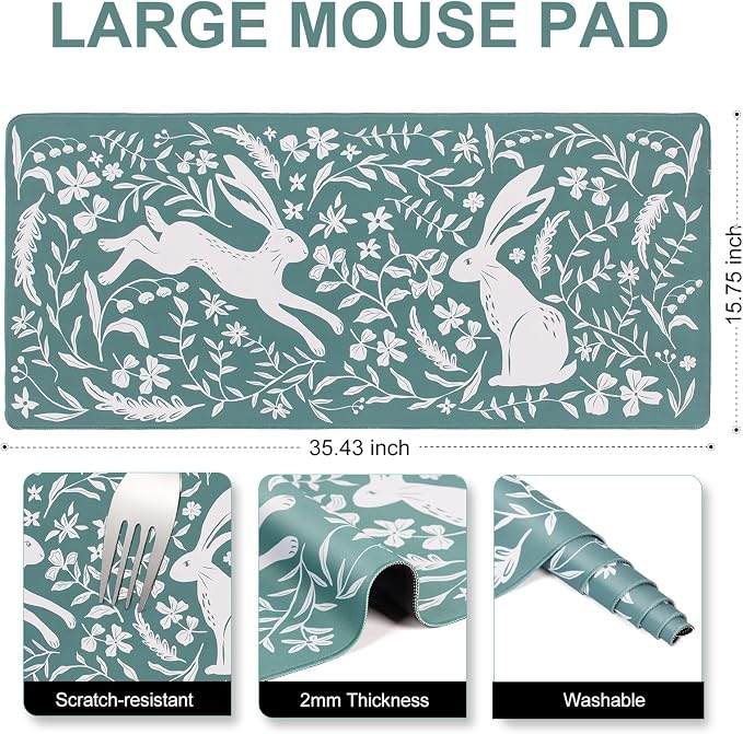 L-SPOUTTO Blue Desk Mat for Keyboard and Mouse,XXL Boho Gaming Mouse Pad | Cute Rabbit Large 35.4x15.7in Non-Slip Rubber Base Keyboard Pad Waterproof Desktop Mat for Laptop Computer Work Home Office