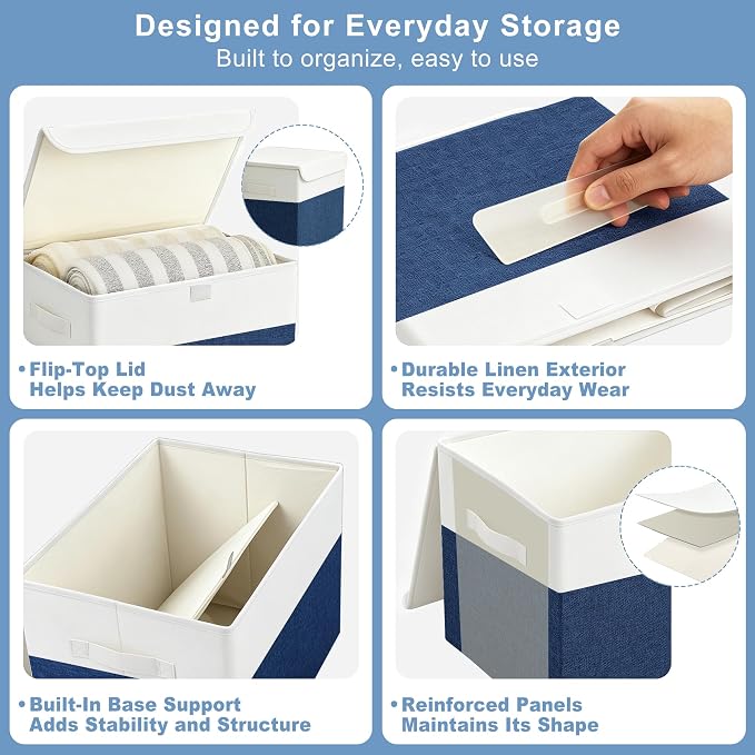 Large 17" 42 Quarts Collapsible Stackable Storage Bins with Lids [3-Pack] Foldable Fabric Linen Storage Boxes Cube, Closet Organizer Baskets with Label for Home (16.7 x 12 x 12", Navy Blue & White)