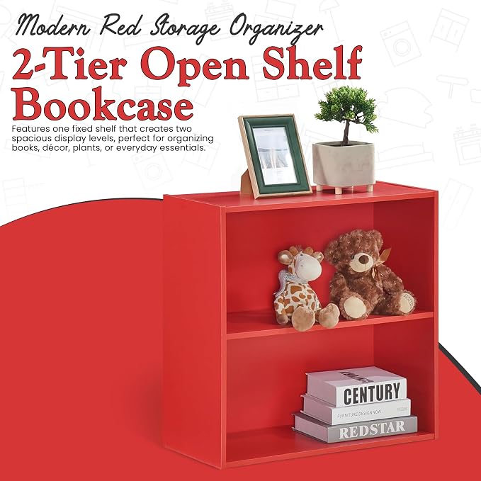 KB Designs - Tony 2-Tier Modern Bookcase with Open Storage Shelves for Kids’ Rooms, Playrooms, or Home Offices – Compact Colorful Bookshelf Organizer