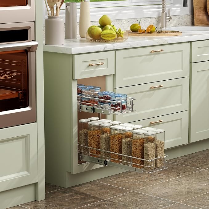 ROOMTEC Pull Out Cabinet Organizer (5½"W x 21½"D),2 Tier Pull Out Storage Shelf Drawer Basket,Sliding Shelves for Base Cabinet Organization in Kitchen, Bathroom, Pantry
