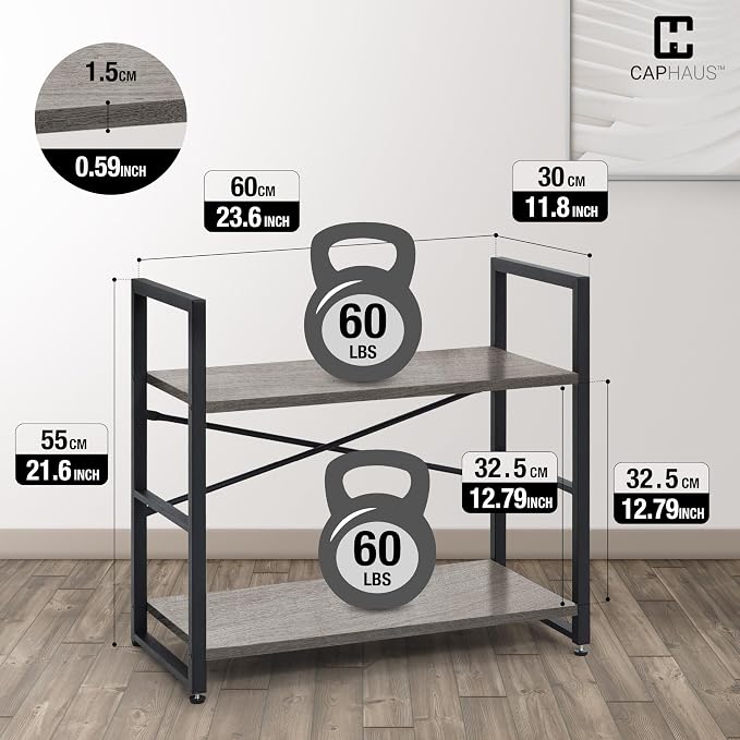 CAPHAUS 2 Tier Small Bookshelf, 24 Inch Width Free Standing Shelf, Bookcase Shelf Storage Organizer, Industrial Book Shelves for Home Office, Living Room, Dark Grey Shelves & Metal Frame