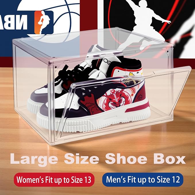 Clear Acrylic Shoe Boxes Stackable, Magnetic Clear Shoe Storage Boxes Fits Men’s US Size 12.5, Acrylic Sneaker Display Organizer, Drop Side Shoe Containers for Entryway & Sneaker, 1 Pack