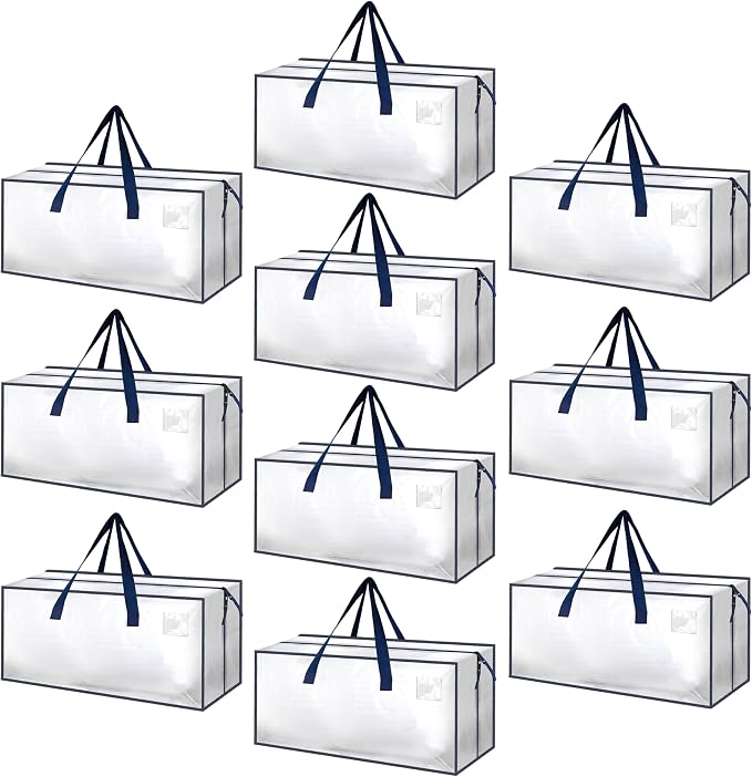 HealSmart 10 Pack Extra Large Moving Bags with Zippers & Carrying Handles, Heavy-Duty Storage Tote Moving Boxes for Dorm Room Essentials Storage Bags, Clear